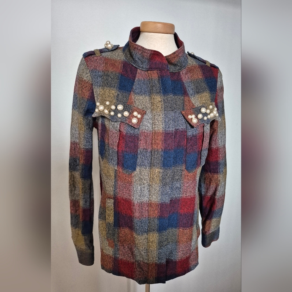 CABI Plaid Pearl-Trim Jean Jacket in Blue, Red, Tan